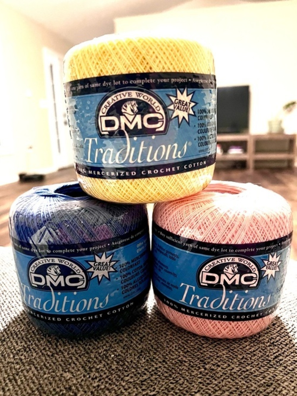 DMC Traditions Mercerized Crochet Cotton Trio - Yellow, Blue, Pink 2 oz. each.